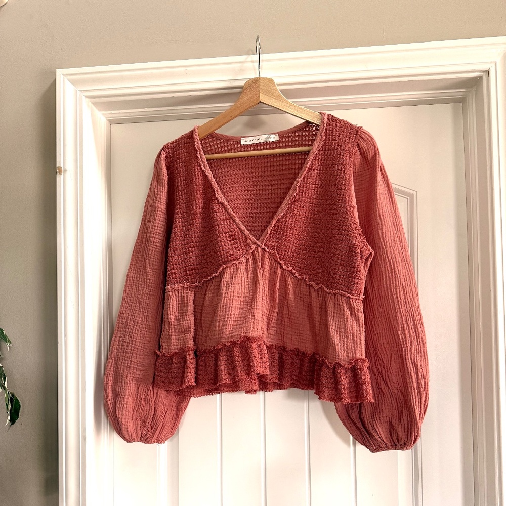 Altar'd State Pink Patchwork Textured V-Neck Blouse - Picture 2 of 10